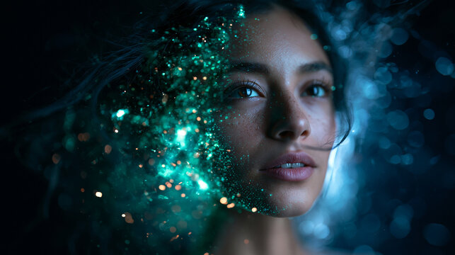 Woman with Glowing Stardust and Particles on Face