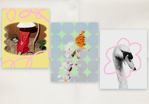 Nostalgic Y2K Vibe Grid Template Set for Creative Layouts with Butterfly Flowers and Swan Graphic Elements