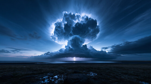 Thunderstorm Supercell with Lightning Over Horizon at Night