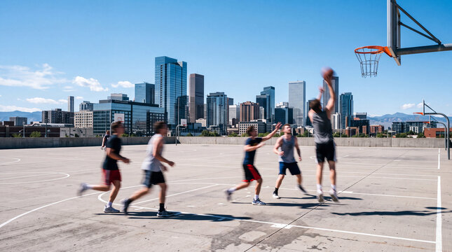 Young Men Playing Basketball on Urban Rooftop Court