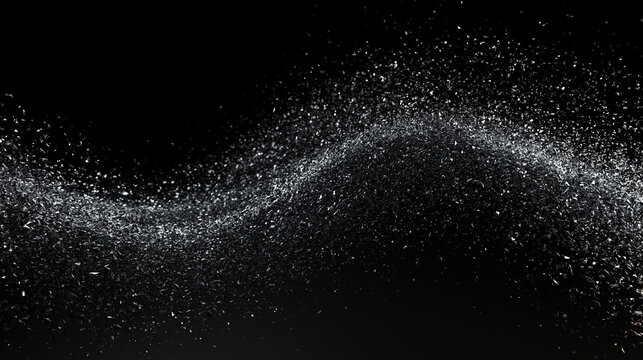 Sparkling Silver Glitter Wave Flowing on Black Background