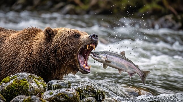 Grizzly Bear Catching Jumping Salmon in River