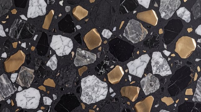 Black Terrazzo Texture with Marble and Gold Inlays