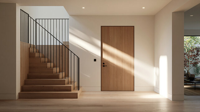 Modern Minimalist Home Interior with Wooden Door and Staircase