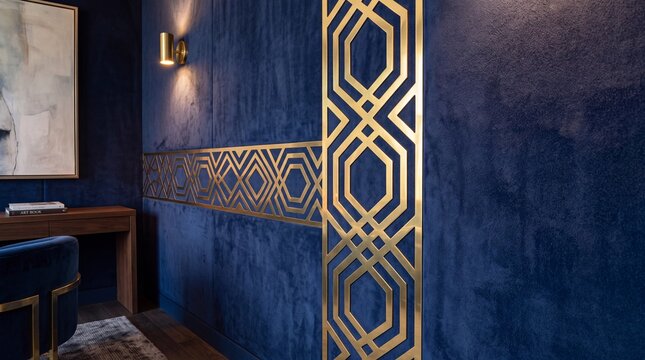 Modern Luxury Interior with Blue Velvet and Gold Wall Inlay