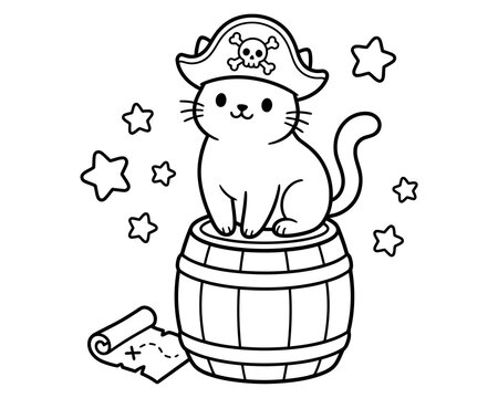 A cute cartoon pirate cat wearing a hat sitting on a wooden barrel with stars and map