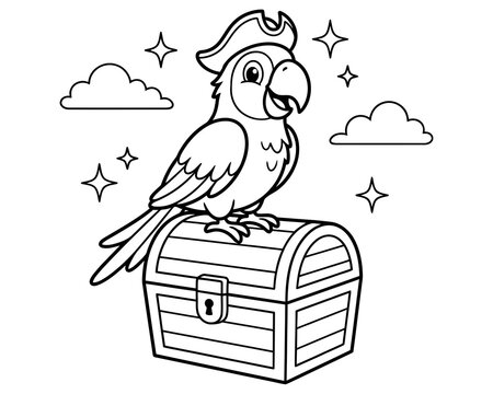 A cute cartoon pirate parrot wearing a hat sitting on a wooden treasure chest for coloring book page