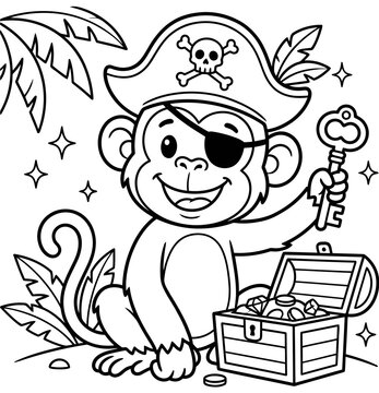 A cute cartoon monkey wearing a pirate hat and eye patch holding a key near a treasure chest