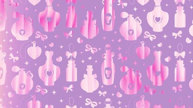 Whimsical perfume with hearts and bow pattern motion background. Luxury vanity pattern backdrop. For promotion, campaign, social media, banner etc.