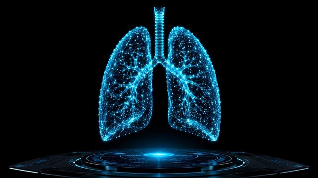Glowing holographic human lung organ constructed from cyan digital network nodes