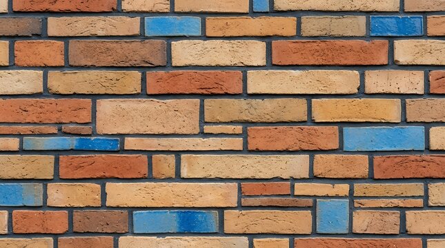 Vibrant polychromatic masonry surface featuring warm earth-toned sandy neutral and cool azure ceramic blocks charcoal-hued binding agent grooves rough tactile cladding arrangement structural