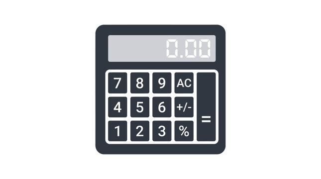 Dark grey electronic calculator icon showing numbers and arithmetic buttons in a clean minimalist vector style