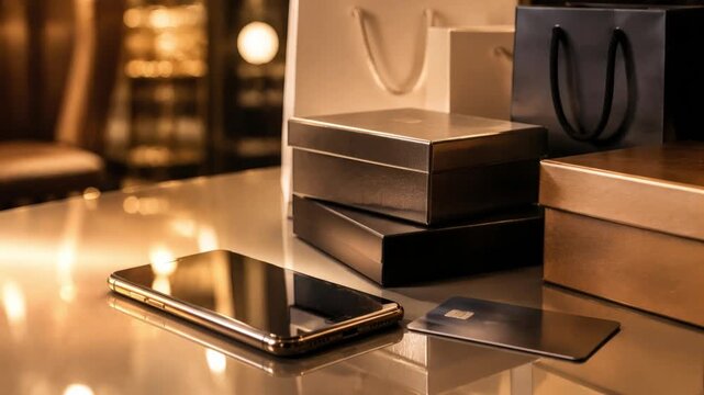 Modern smartphone beside gift boxes and credit card on a table  