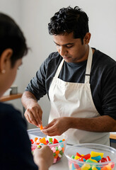 Fototapeta premium Candy making and sweet treats, man in apron preparing colorful gummy candies for dessert or celebration