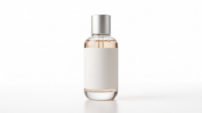 A minimalist perfume bottle with a silver cap and clear glass, featuring a blank white label for branding.