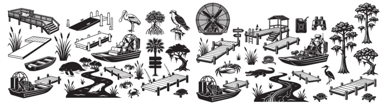 Swamp And Marsh Icons Set With Docks Airboats Alligators Herons Cypress Trees And Wildlife Silhouettes