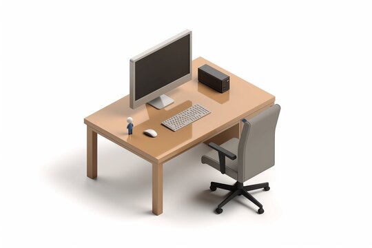 Isometric view of a home office desk setup with a tiny figure working, remote work concept, 3D illustration