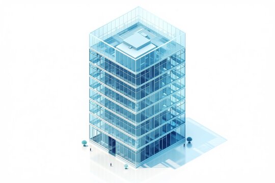 Isometric view of a modern glass office tower with tiny figures at its base, corporate business concept, 3D illustration