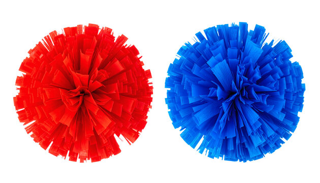 Pair of vibrant red and blue pom poms made from dense synthetic strands, designed for cheerleading or festive decoration, presented as a 3D rendered asset isolated on transparent background.