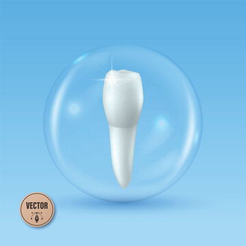 Tooth Protection Concept, Vector Illustration. White Vector Tooth in Transparent Bubble. Dental Care, Oral Hygiene, Enamel Safety Symbol on Blue Background. Medical Vector Illustration