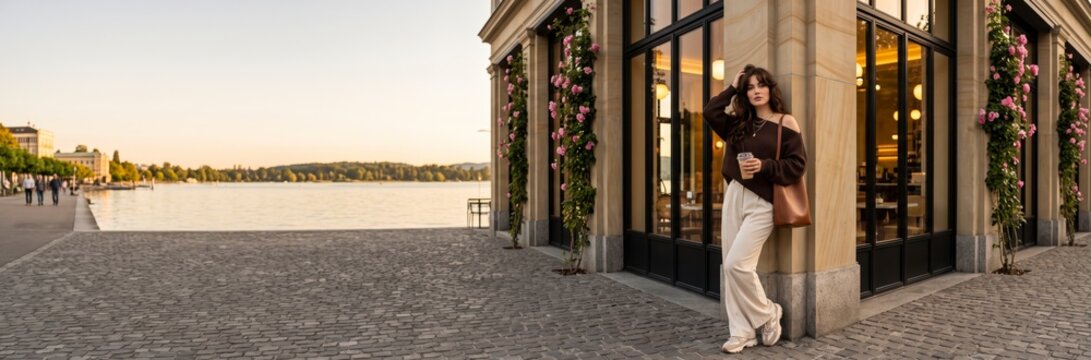Stylish young woman leaning against a cafe wall by the lake at sunset