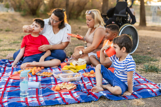 Family, disabled child having a picnic in park