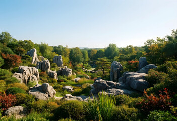 Fototapeta premium Nature landscape with rocks and lush green foliage, environmental conservation and outdoor tranquility, natural beauty and ecosystem