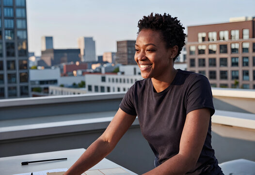 Urban lifestyle and city living, happy african american woman smiling on a rooftop with a cityscape background