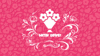 Fototapeta premium Floral background with flower bouquet and With love text. Pink vintage pattern.