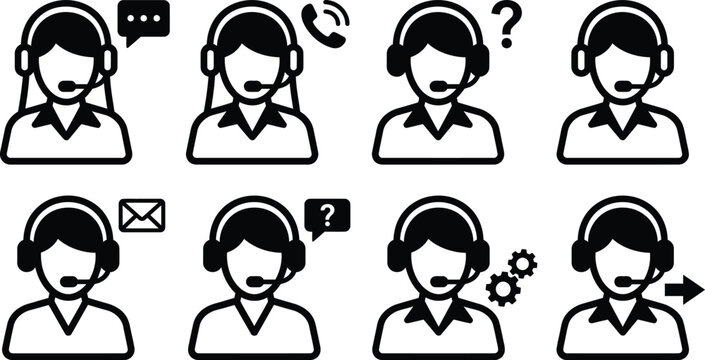 Customer service representative icons set with various communication methods isolated on transparent background