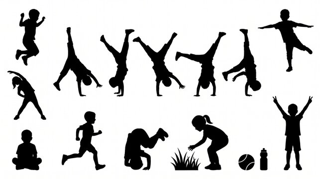 Kids doing cartwheel grass and playing in silhouette style  