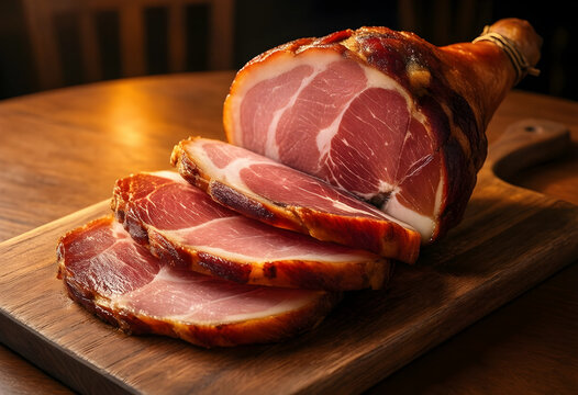 Holiday ham roast, sliced smoked pork leg on a wooden cutting board, traditional christmas and easter dinner food
