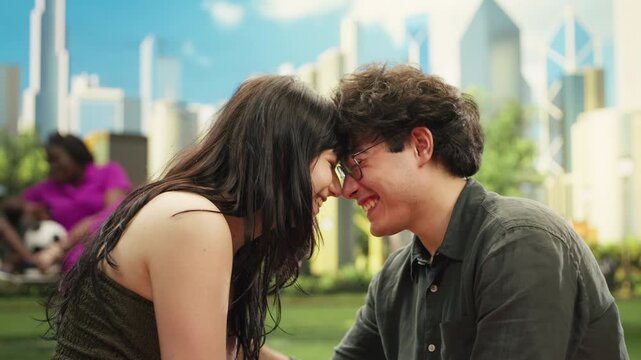 Romantic couple touch foreheads and make eye contact in close-up, sharing an intimate moment while looking into each other's eyes as the lovers express tenderness and affection during the date.