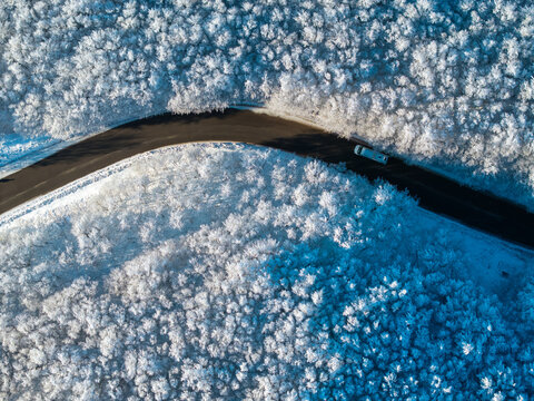 Aerial view of a winding road cutting through a dense forest covered in fresh snow within the Parco Nazionale dell'Appennino Tosco-Emiliano in Sassalbo, Provincia di Massa e Carrara, Italy.