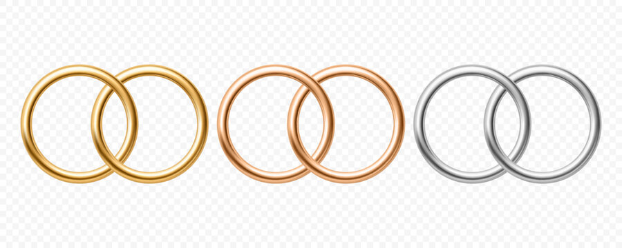 Golden and Silver Wedding Ring Set. Interlocking Wedding Bands, 3d Vector Illustration. Elegant Silver Circular Frames and Marriage Clipart Isolated. Gold Rings, Silver Rings