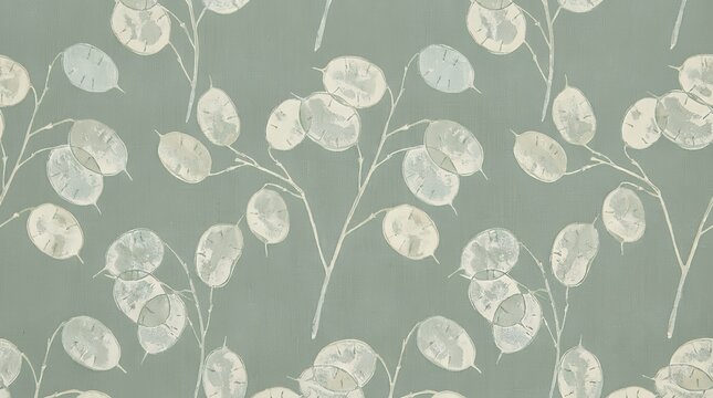 Organic botanical repeat pattern with delicate silver-dollar plant pods on a muted sage backdrop for sustainable packaging children's room decor spring apparel and contemporary paper goods 
