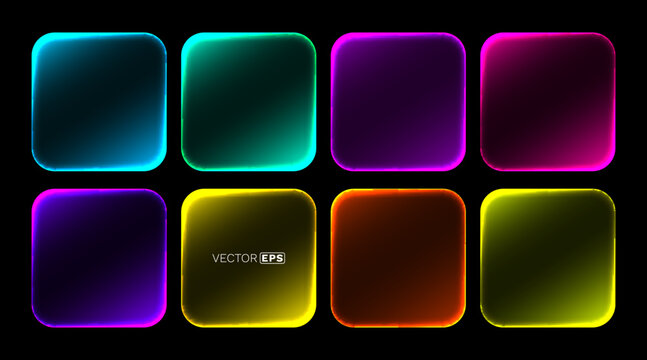 Vibrant neon glowing rounded squares set on a dark background. Modern abstract colorful UI elements.