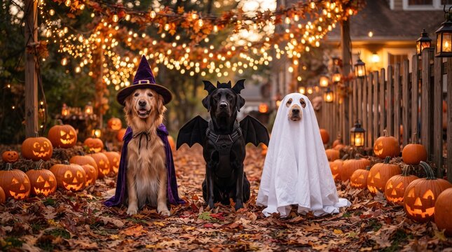 3 dogs in diverse halloween costumes: a witch, a bat and a sheet ghost. Sitting outdoors with some autumn leafs and glowing pumpkins arround