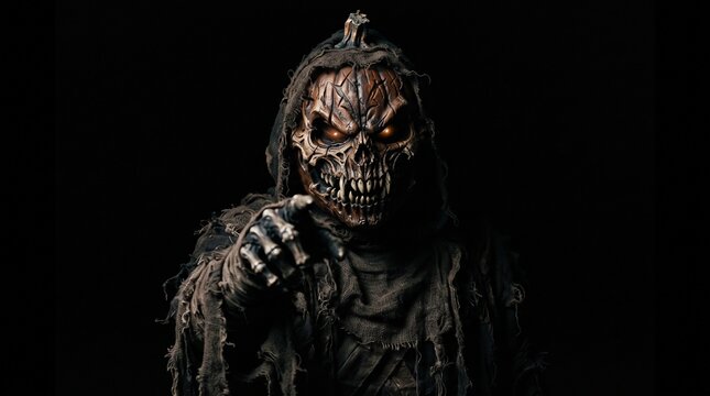 Man in spooky pumpkin skull costume in black dressed for halloween festival on black background. Haunted guy in scary cosplay mask pointing away on blank space for your advertising content.