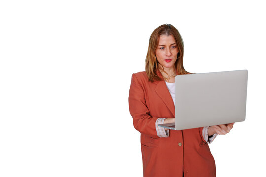 Businesswoman looking at a laptop, focused on work, communication, and digital tasks. Transparent background