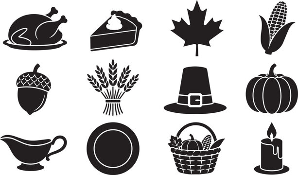 Thanksgiving icons set featuring turkey pumpkin pie and autumn harvest