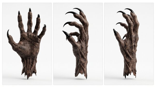 Three views of monster hand with long claws on transparent background