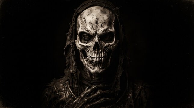 A horror concept of a scary female demon portrait. With a dead, skull edit. looking at the camera. On a dark background.