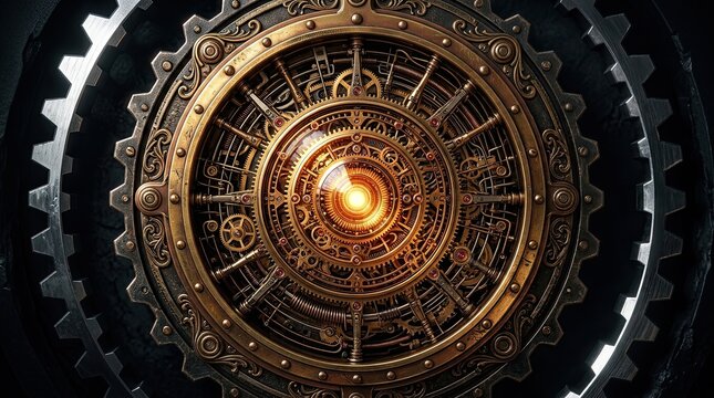 Intricate golden mechanical gear assembly with central glowing core viewed with circular pattern around mechanical gears form technical drawing gear illustration mechanical parts gear arrangement