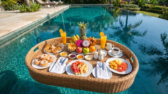 A luxurious floating breakfast tray filled with fresh tropical fruits, pastries, and juices sits in a crystal clear swimming pool. Perfect for luxury resort ads, travel and hospitality marketing