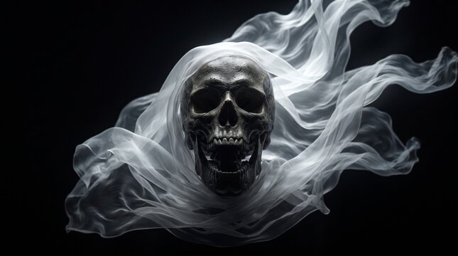 Terrifying Ghost Scream &ndash; Dark Horror Spirit in Flowing Fabric on Black Background