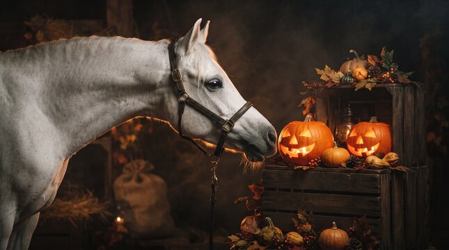 Horse portrait  with helloween pumpkin