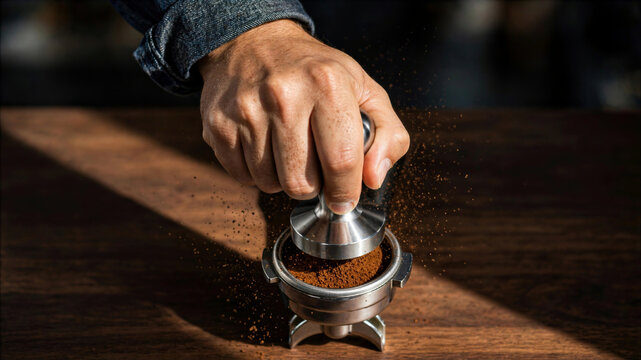 Hand tamping ground coffee into espresso portafilter