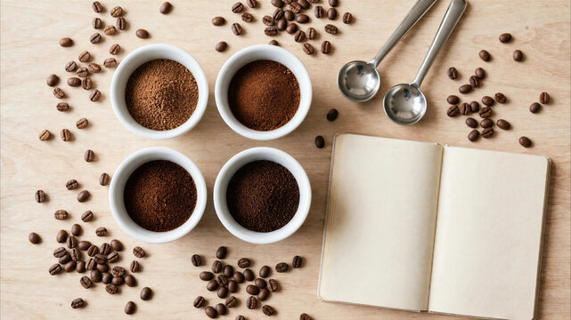 Coffee tasting cups with blank notebook and spoons