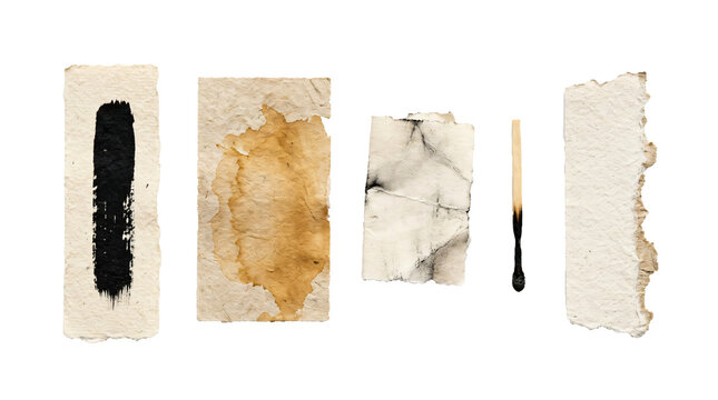 Torn handmade paper scraps with black ink stroke coffee stains and burnt matchstick arranged artistically isolated on transparent background